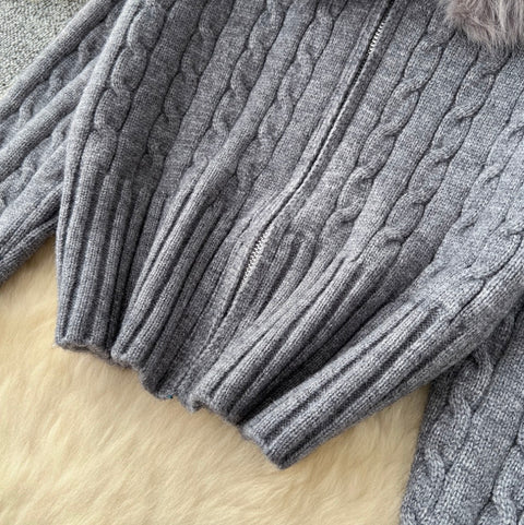 Furry Hooded Cardigan & Trousers Thermal 2Pcs