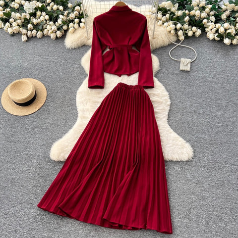 Lace-up Blazer & Pleated Skirt 2Pcs