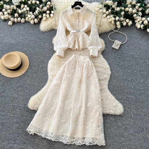 Apricot Embroidery Mesh Shirt & Skirt 2Pcs