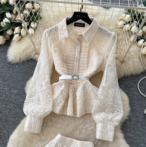 Apricot Embroidery Mesh Shirt & Skirt 2Pcs