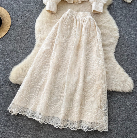 Apricot Embroidery Mesh Shirt & Skirt 2Pcs