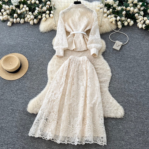 Apricot Embroidery Mesh Shirt & Skirt 2Pcs