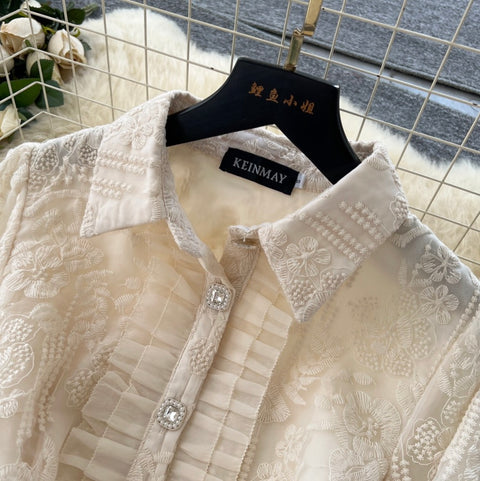 Apricot Embroidery Mesh Shirt & Skirt 2Pcs
