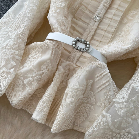 Apricot Embroidery Mesh Shirt & Skirt 2Pcs