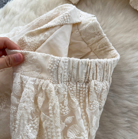 Apricot Embroidery Mesh Shirt & Skirt 2Pcs