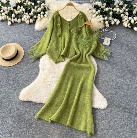 Lace Patchwork Dress & Cardigan 2Pcs