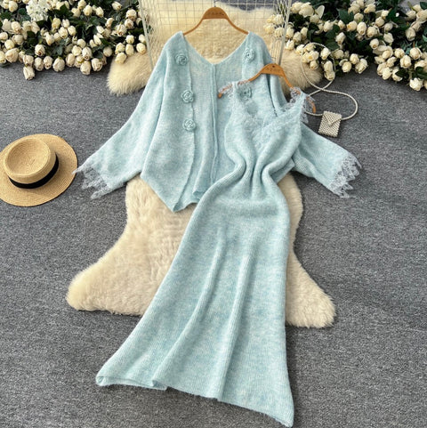 Lace Patchwork Dress & Cardigan 2Pcs