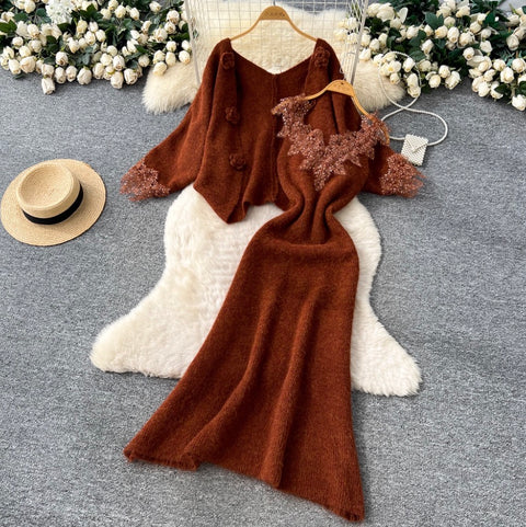 Lace Patchwork Dress & Cardigan 2Pcs