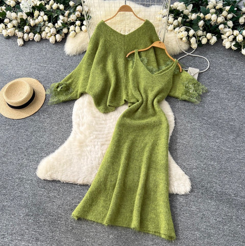 Lace Patchwork Dress & Cardigan 2Pcs