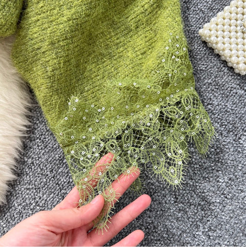 Lace Patchwork Dress & Cardigan 2Pcs