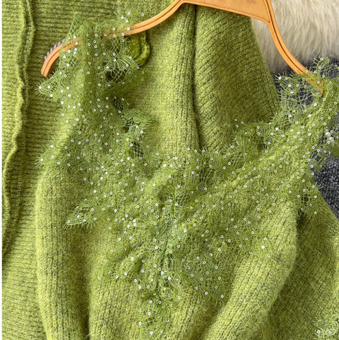 Lace Patchwork Dress & Cardigan 2Pcs