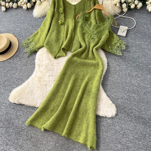 Lace Patchwork Dress & Cardigan 2Pcs