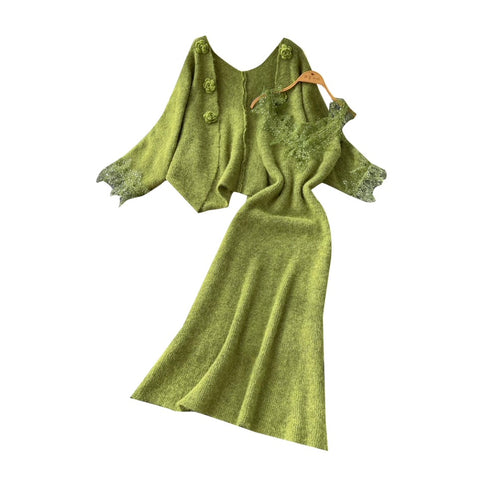 Lace Patchwork Dress & Cardigan 2Pcs