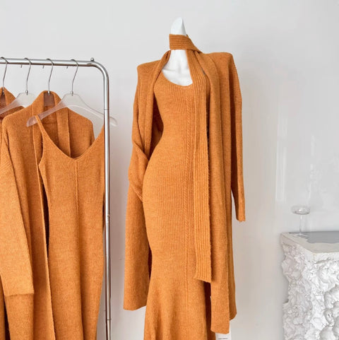 Cardigan & Slip Dress & Ribbon Knitted 3Pcs