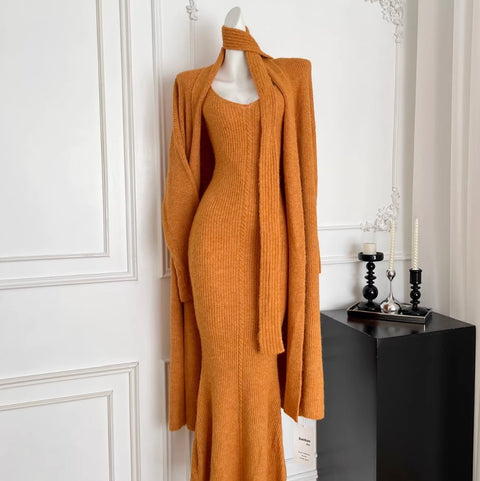 Cardigan & Slip Dress & Ribbon Knitted 3Pcs