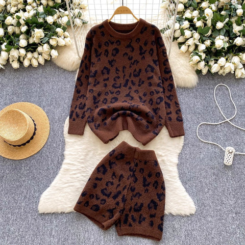 Leopard Print Sweater & Shorts 2Pcs