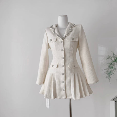 Single-breasted Tweed Pleated Dress