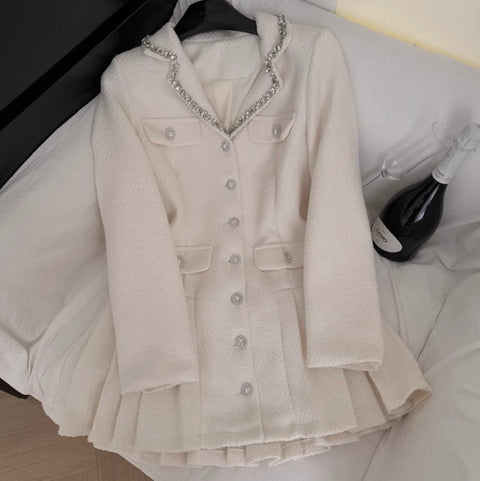 Single-breasted Tweed Pleated Dress