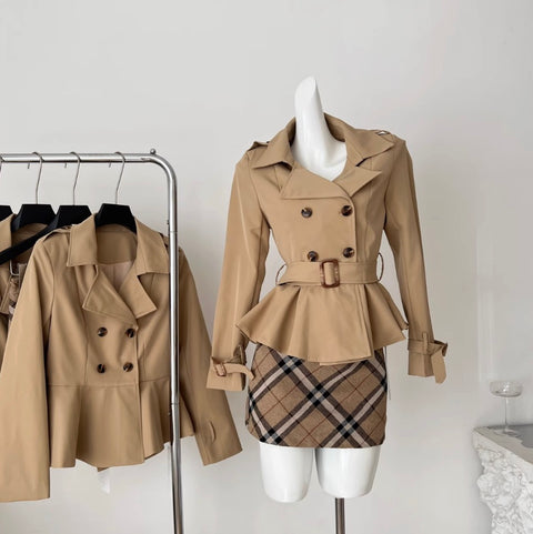 Trench Coat & Plaid Skirt 2Pcs