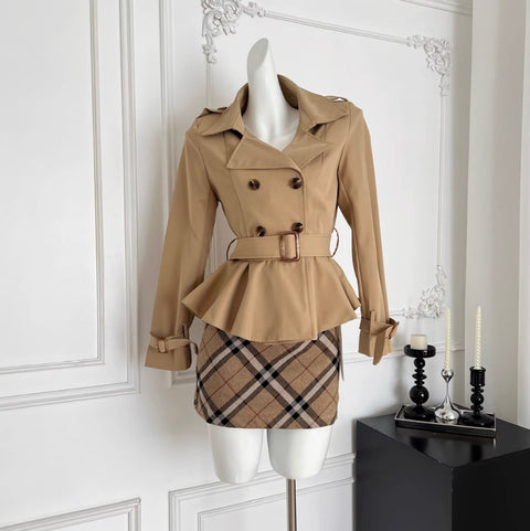 Trench Coat & Plaid Skirt 2Pcs