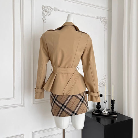 Trench Coat & Plaid Skirt 2Pcs
