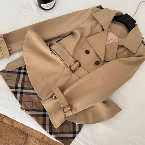 Trench Coat & Plaid Skirt 2Pcs