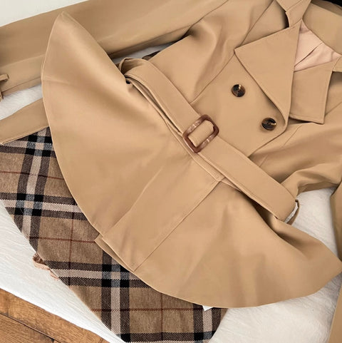 Trench Coat & Plaid Skirt 2Pcs
