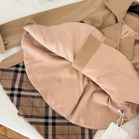 Trench Coat & Plaid Skirt 2Pcs