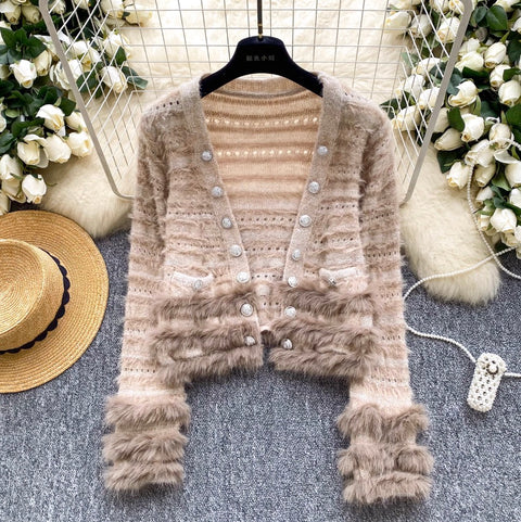 V-neck Furry Patchwork Cardigan
