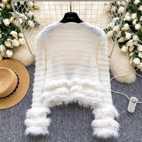 V-neck Furry Patchwork Cardigan