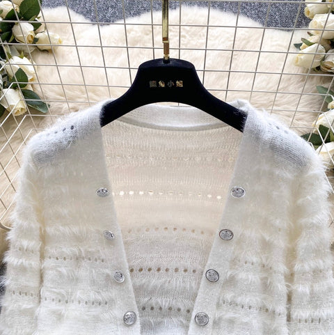 V-neck Furry Patchwork Cardigan
