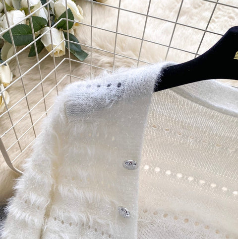 V-neck Furry Patchwork Cardigan