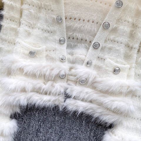 V-neck Furry Patchwork Cardigan