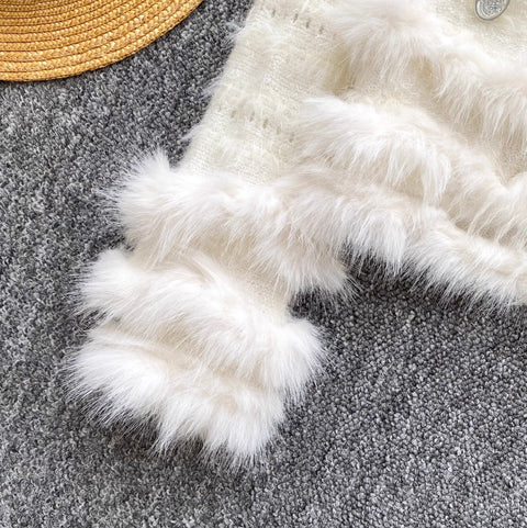 V-neck Furry Patchwork Cardigan