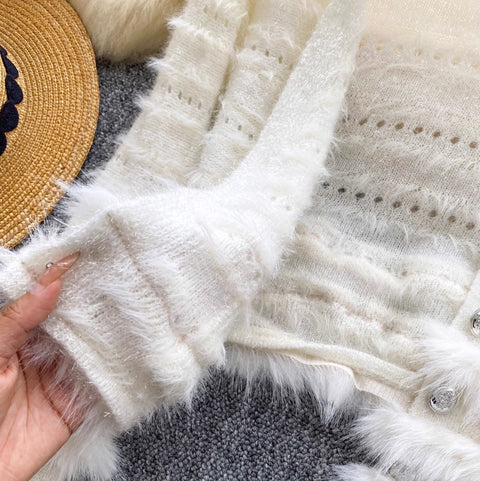 V-neck Furry Patchwork Cardigan