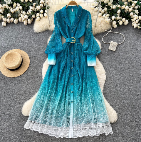 Beaded Lapeled Floral Embroidery Dress