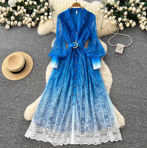 Beaded Lapeled Floral Embroidery Dress