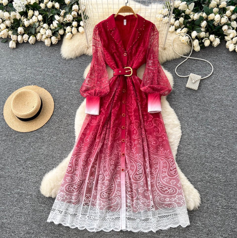 Beaded Lapeled Floral Embroidery Dress