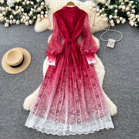 Beaded Lapeled Floral Embroidery Dress