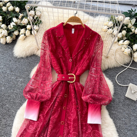 Beaded Lapeled Floral Embroidery Dress