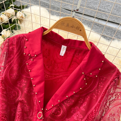 Beaded Lapeled Floral Embroidery Dress