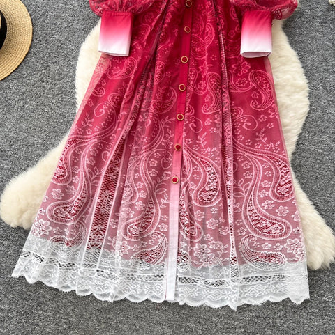 Beaded Lapeled Floral Embroidery Dress