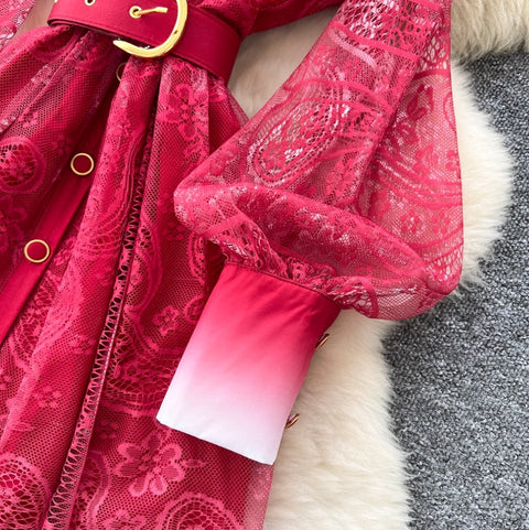 Beaded Lapeled Floral Embroidery Dress