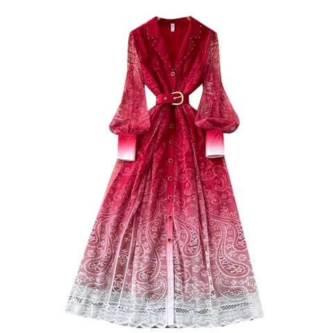 Beaded Lapeled Floral Embroidery Dress