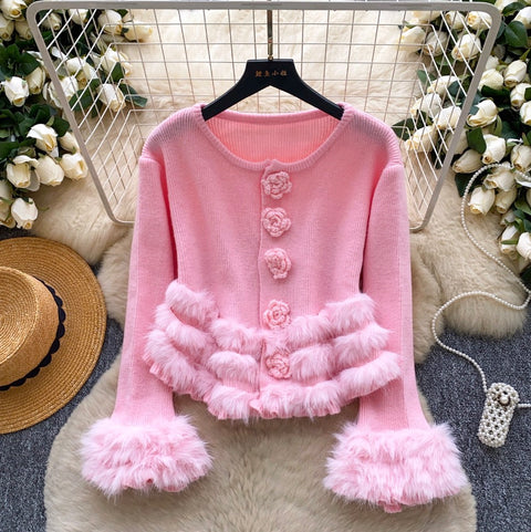 French Style Furry Patchwork Cardigan