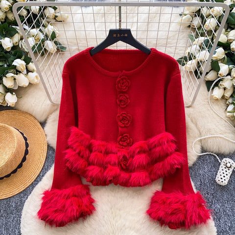 French Style Furry Patchwork Cardigan