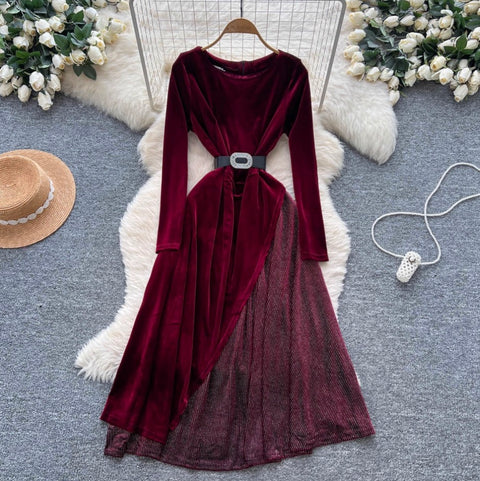 Irregular Design Velvet Patchwork Dress