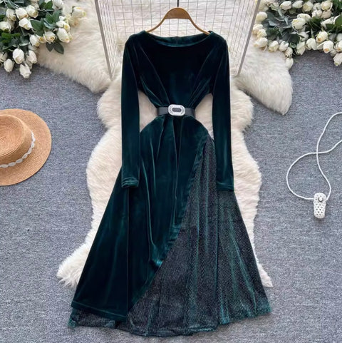 Irregular Design Velvet Patchwork Dress