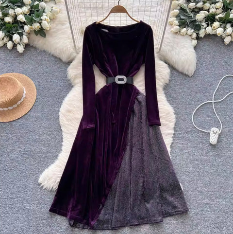 Irregular Design Velvet Patchwork Dress