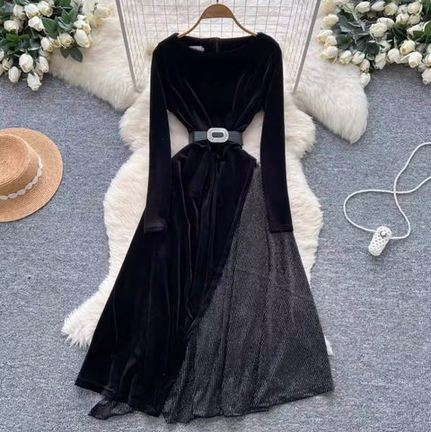 Irregular Design Velvet Patchwork Dress